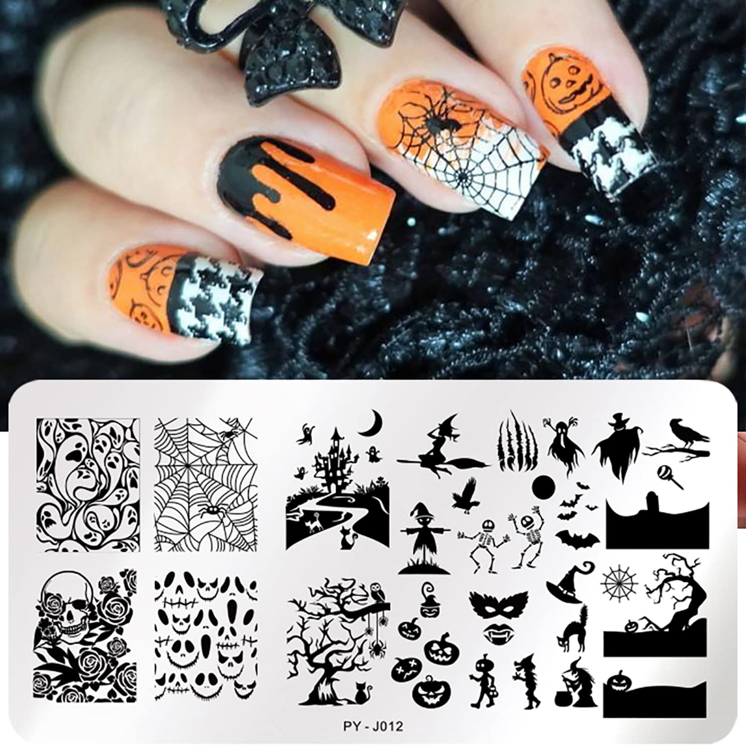 6Pcs Halloween Nail Stamping Plates Fall Maple Leaf Nail Stamper Template Kit Ghost Bat Skull Spider Web Design Nail Decorations Supplies-Velvo Beauty