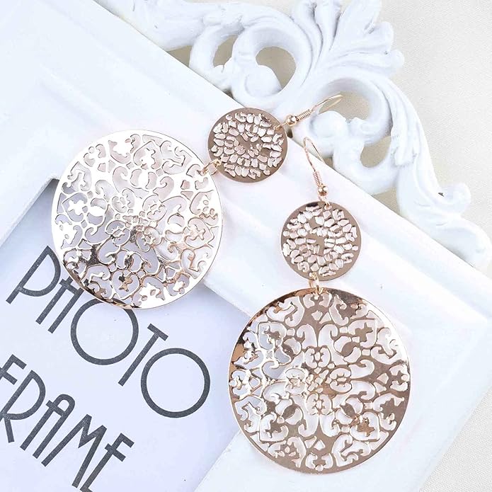 Filigree Hollow Disc Dangle Drop Earrings Boho Gold Ethnic Carved Flower Earrings Double Round Disc Drop Earrings Statement Hook Earrings Wedding Bridesmaid Jewelry for Women and Girls-Velvo Beauty