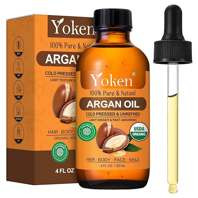 Yoken Organic Argan Oil for Hair 4 Fl Oz, USDA Pure and Natural Morocco Argan Oil, Argon Oil For Hair, Scalp, Face & Skin Care, 100% Cold Pressed Hair Conditioner, Unrefined Argon Nails Carrier Oil-Velvo Beauty