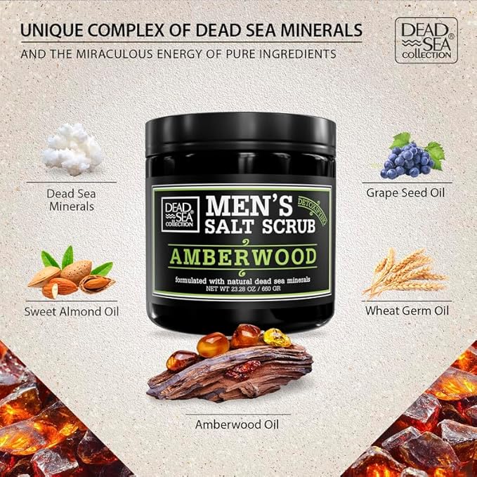 Salt Body Scrub Amberwood For Men – Moisturizes, Exfoliates & Nourishes Skin – Cleanses & Detoxifies with Dead Sea Minerals - Dead Sea Collection – 23.28 OZ-Velvo Beauty
