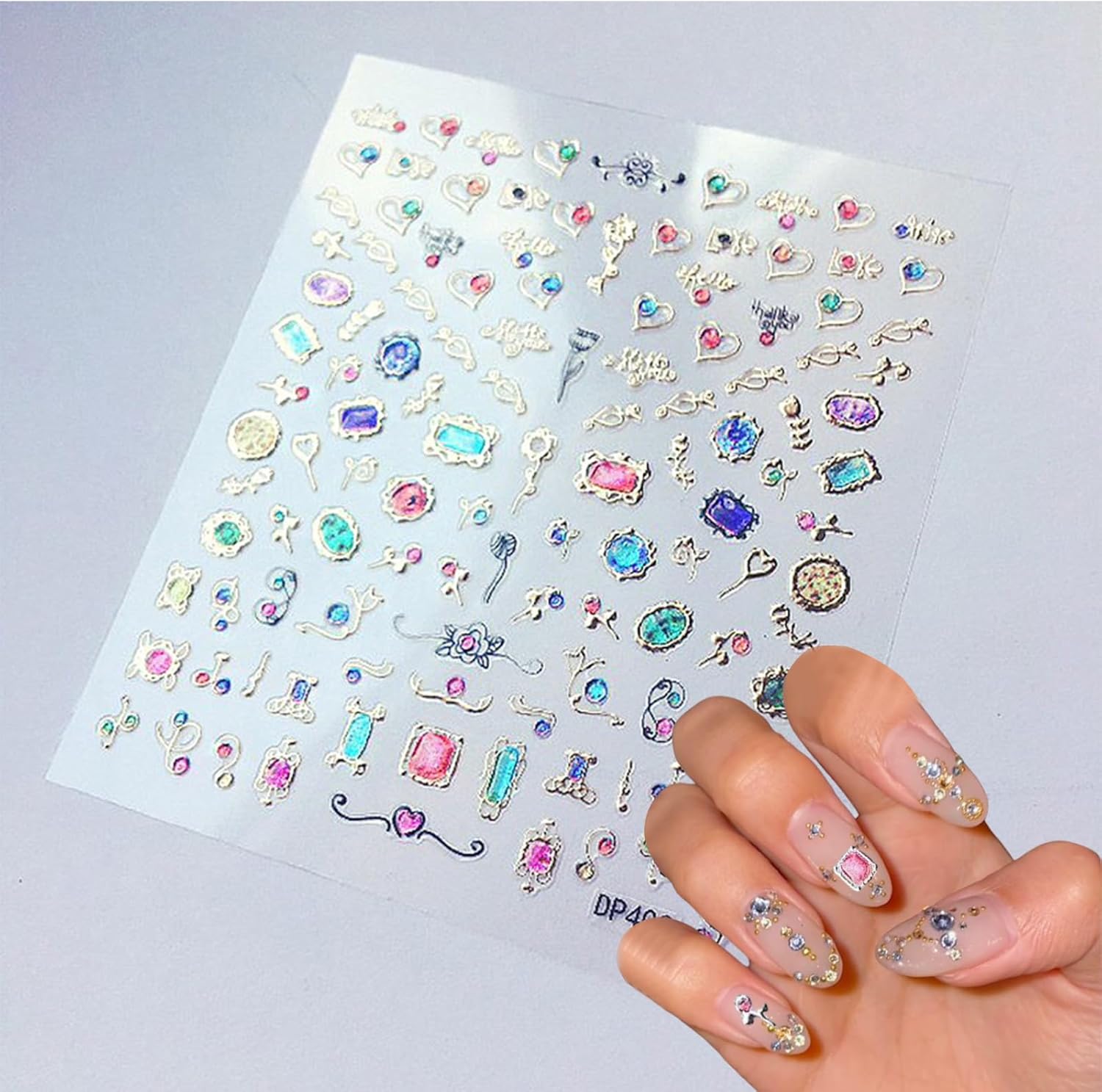 4 Sheets Star Sun Moon Nail Art Stickers 3D Holographic Self Adhesive Glitter Colorful Floral Nail Stickers Sparkly Heart Gems Design Nail Supplies for Women and Girls DIY Manicure Decoration-Velvo Beauty