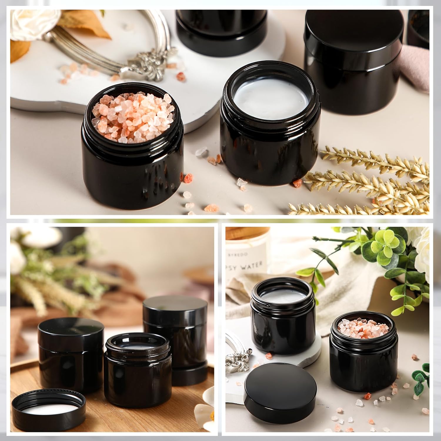 Domensi 32 Pcs 2 oz Glass Jars with Lids Travel Size Round Leakproof Empty Cosmetic Jars with Inner Liners Lid for Storing Makeup Lotions Face Cream Ointments Candle DIY Making (Black)-Velvo Beauty