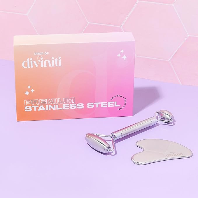 Stainless Steel Face Roller - Premium Gua Sha Facial Tools Stainless Steel GuaSha Tool and Face Roller Set - Gua Sha Stainless Steel Gua Sha Tool - Metal Face Roller and Gua Shua Set - Spa Gifts-Velvo Beauty