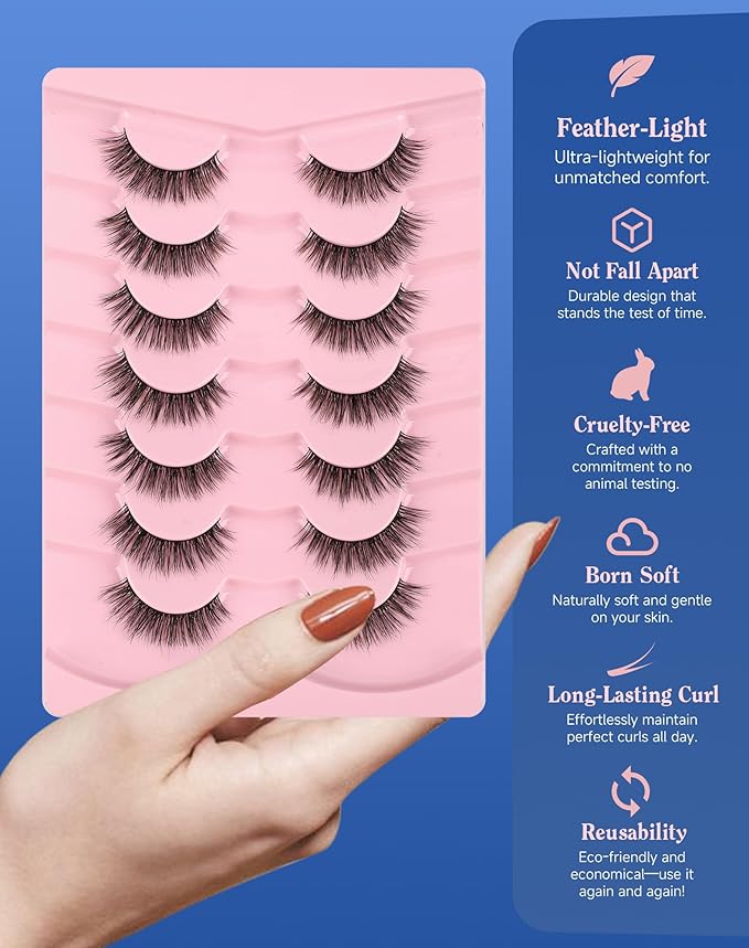 Natural Lashes Natural Look Wispy Eyelashes Flared Strip Eyelash False Eye Lash Soft Eyelashes Pack 7 Pairs 13MM D75-Velvo Beauty