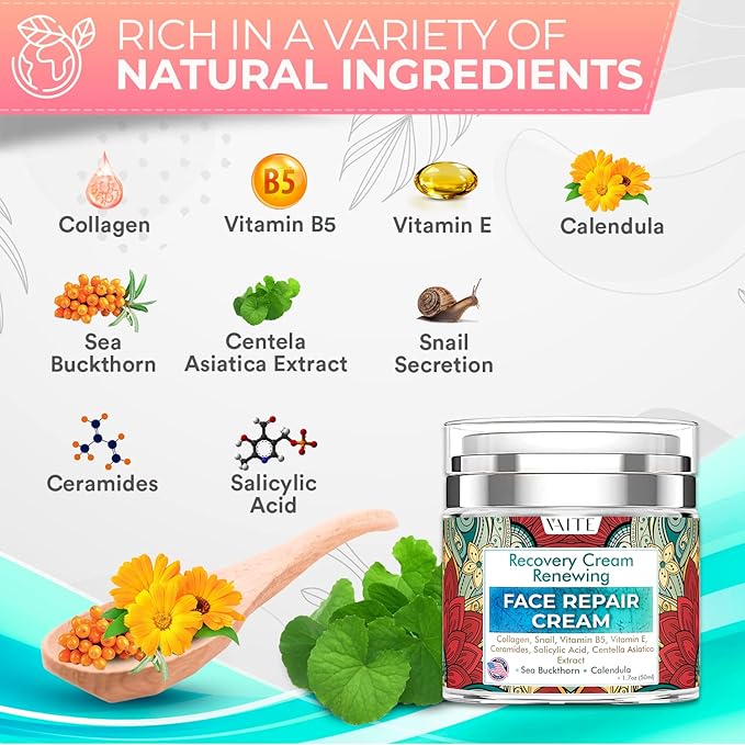 VAITE Face Moisturizer Remedy Skin Repair Cream with Snail, Salicylic Acid, Vitamin B5, Vitamin E, Collagen, and Ceramides for Men and Women Anti-aging Anti-wrinkle Made in USA Night and Day-Velvo Beauty