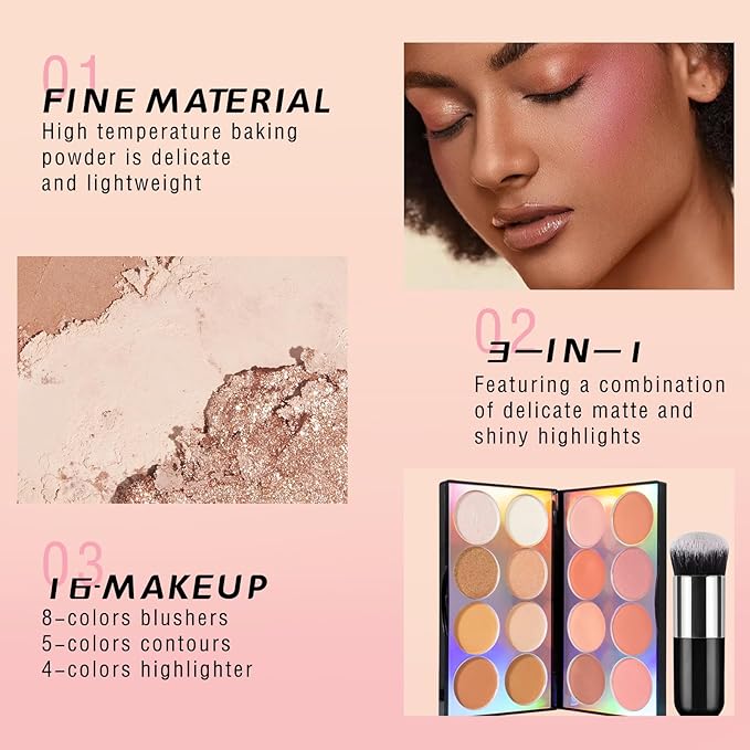 16 Colors Blush Contour Highlighter Makeup Palette, All-in-One Shimmer Silky Matte Mineral Blush Powder Palette, Face Sculpting Bronzer Blusher Illuminator Palette for a Natural Glowing-Velvo Beauty