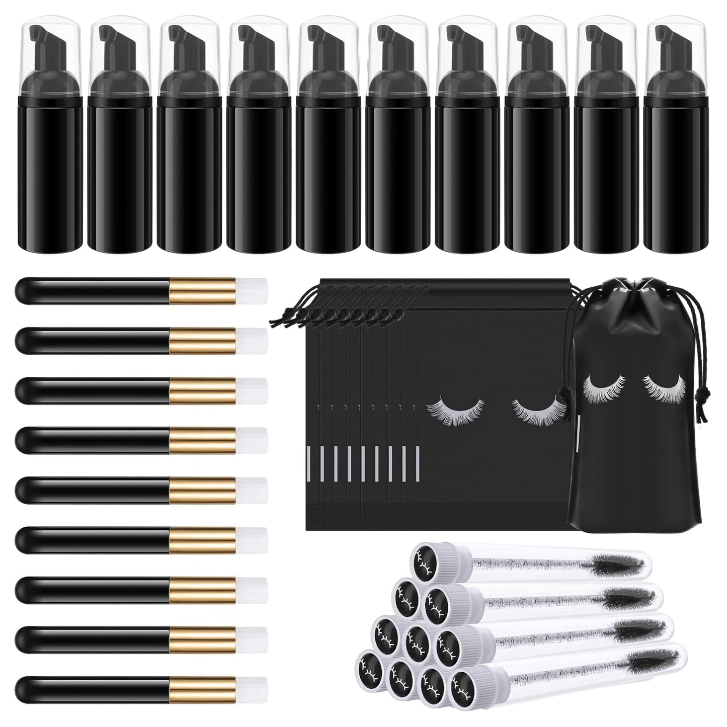 Homicozy 40 Pcs Lash Shampoo Bottle Brushes & Dispensers Set - 10 Pcs Lash Brushes, Tubes & Aftercare Bag for Clients, Women, Girls (Black)-Velvo Beauty