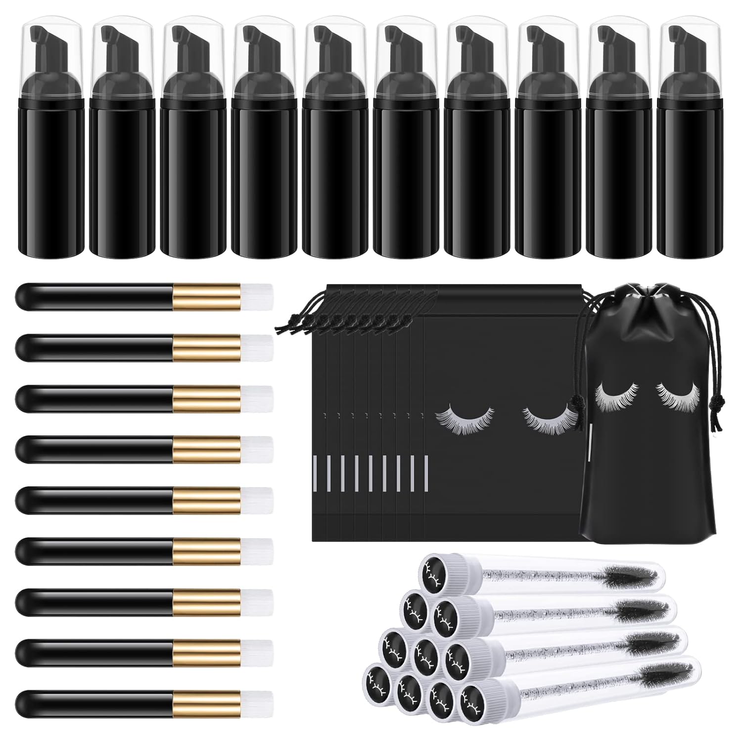 Homicozy 40 Pcs Lash Shampoo Bottle Brushes & Dispensers Set - 10 Pcs Lash Brushes, Tubes & Aftercare Bag for Clients, Women, Girls (Black)-Velvo Beauty