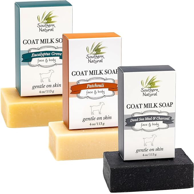 Southern Natural Goat Milk Soap Bar (Variety 3 Pack) Dead Sea Mud & Charcoal, Patchouli, Eucalyptus Grove - For Dry Sensitive Skin. Great For Face and Body.(Each Bar 4-4.5 oz)-Velvo Beauty