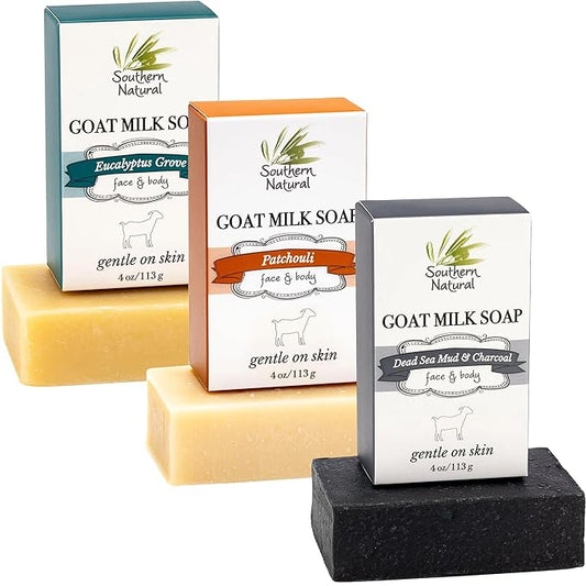 Southern Natural Goat Milk Soap Bar (Variety 3 Pack) Dead Sea Mud & Charcoal, Patchouli, Eucalyptus Grove - For Dry Sensitive Skin. Great For Face and Body.(Each Bar 4-4.5 oz)-Velvo Beauty