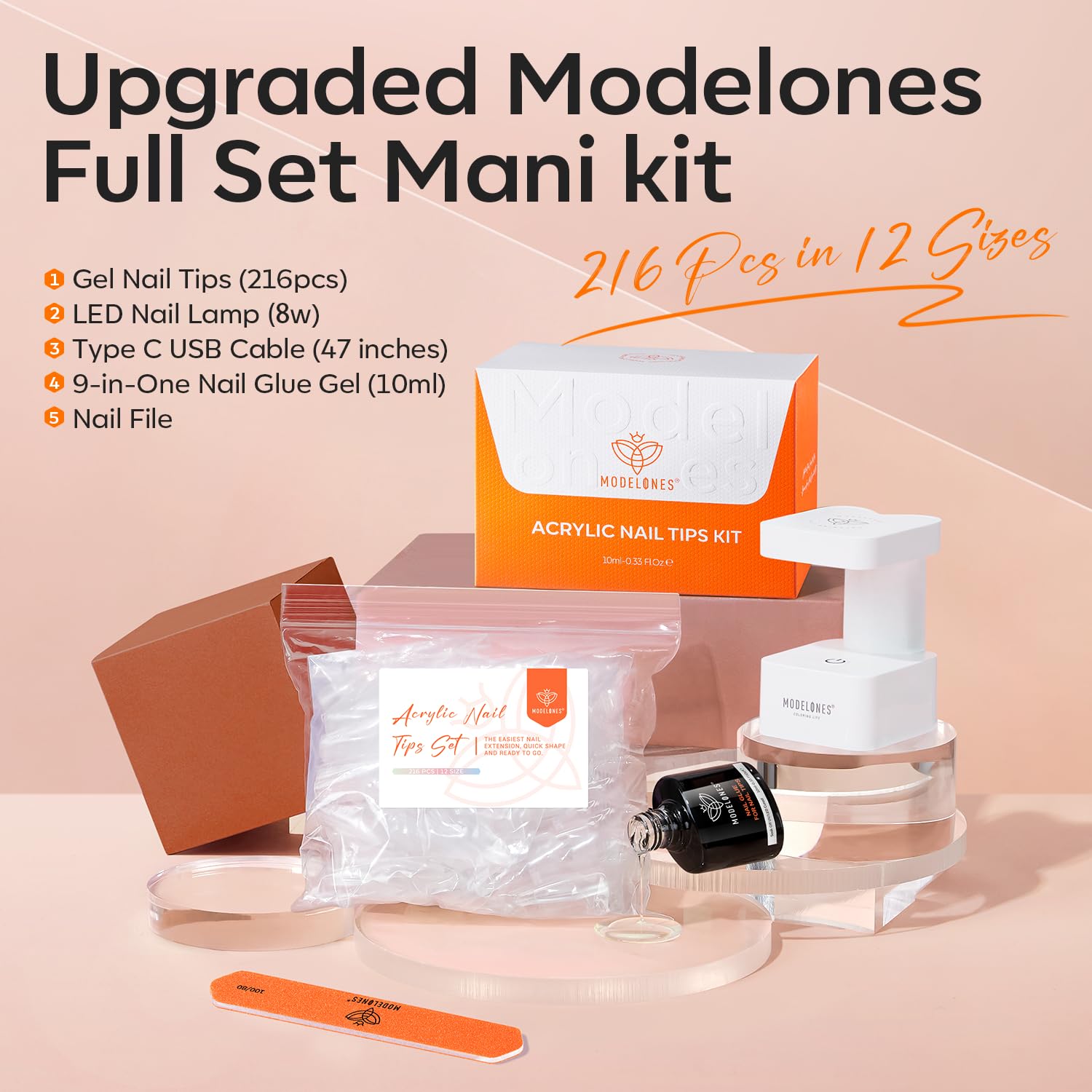 modelones Short Almond Gel Nail Tips Kit, 9-in-One Nail Glue with Portable U V Lamp 216Pcs 12Sizes Pre-Etched Press ons Fake Acrylic Extension Kit DIY Salon Gift for Women-Velvo Beauty