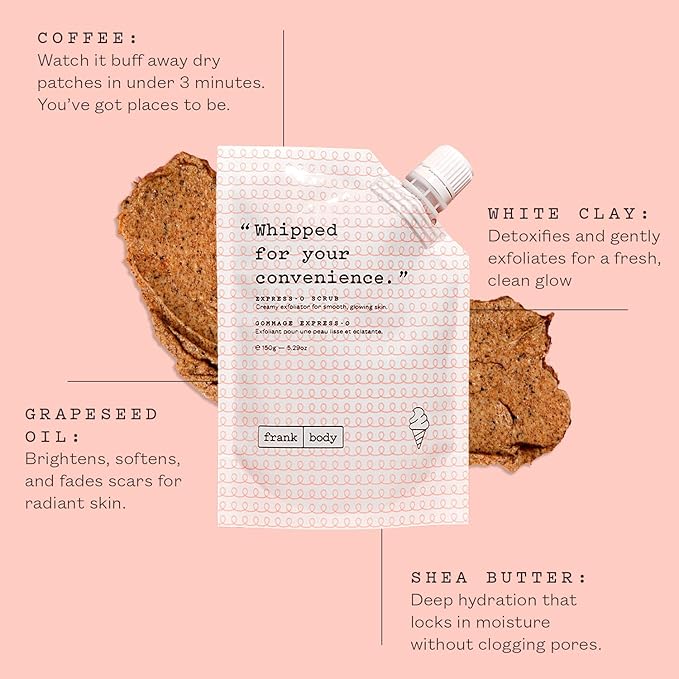 frank body Express-O Coffee Scrub | Natural, Vegan, Cruelty Free Exfoliating Body Scrub Smooths, Exfoliates, and Fades Scars & Marks with Shea Butter, Grapeseed Oil, and White Clay | 5.07 oz / 15 g-Velvo Beauty