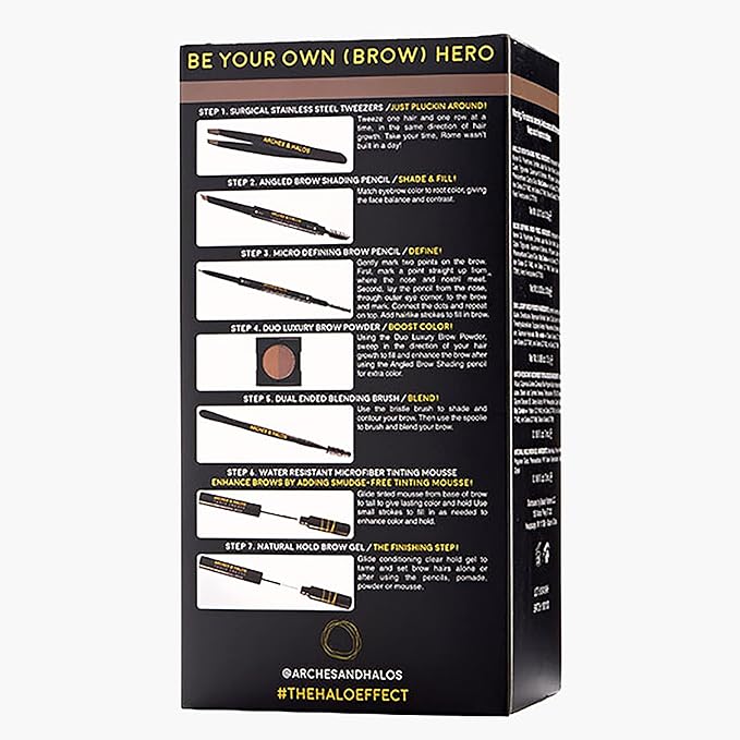Arches & Halos - Ultimate Brow Hero Kit - Eyebrow Styling Makeup Kit, Pencil, Gel, Shading, Powder, Mousse, Natural and Bold Precise Brow Shaper - Hypoallergenic, Vegan - 7 Pc Kit, Medium-Velvo Beauty