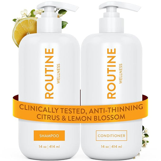 Routine Wellness Anti-Thinning Shampoo and Conditioner Set for Thinning Hair - Biotin DHT Blocker Women & Men - Color Safe Shampoo for Hair Loss & Healthier Hair - Citrus & Lemon Blossom (Pack of 2)-Velvo Beauty