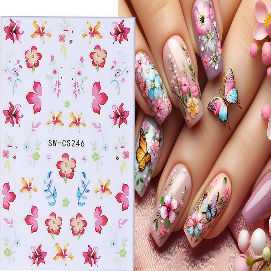6 Sheets Flower Nail Art Stickers 3D Self-Adhesive Spring Summer Nail Sticker Butterfly Nails Art Decals Holographic Floral Nails Decal Decoration for Women Blossom Manicure DIY Nail Supplies-Velvo Beauty