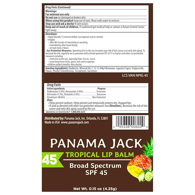 Panama Jack Sunscreen Lip Balm - SPF 45, Broad Spectrum UVA-UVB Sunscreen Protection, Prevents & Soothes Dry, Chapped Lips, Tropical, 2-pack-Velvo Beauty