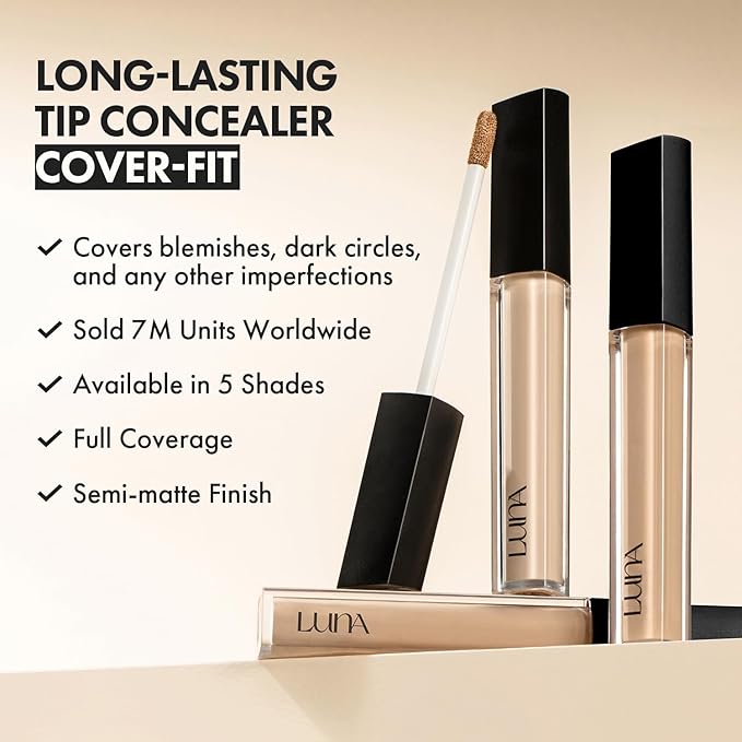 LUNA Long-Lasting Tip Concealer Cover-Fit (#02 Beige) Full Coverage, for Under Eye Dark Circles, Fine Lines, Redness & Discoloration, Korean Makeup 0.26 Fl Oz-Velvo Beauty