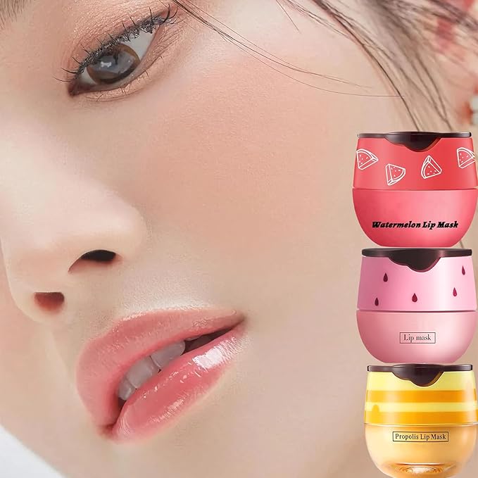 3 PCS Bee Lip Balm Lip Mask Honey Pot, Honey & Strawberry & Watermelon Lip Mask Overnight Propolis Moisturizing Lip Balm with Stick, Hydrating Repair Lip Sleeping Mask,Prevention Dry & Cracked-Velvo Beauty