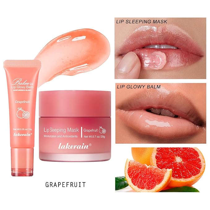 2Pcs Lip Glowy Balm and Lip Sleeping Mask Set, with 4 Flavor Options - Reduce Lip Lines, Enhance Lip Color, Hydrate & Plump Dry Chapped Lips Care (Grapefruit)-Velvo Beauty