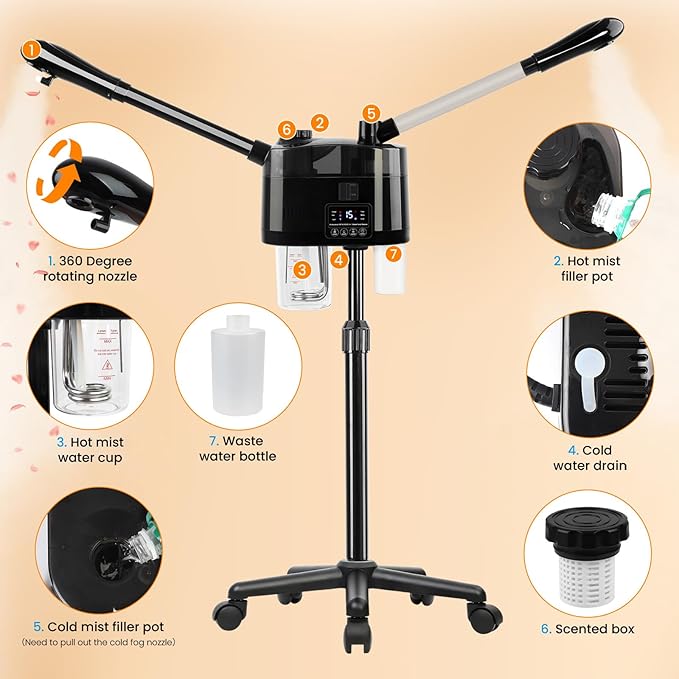 Professional Facial Steamer with Ozone and Hot & Cold Mist, Esthetician Steamer on Wheels, Face Humidifier for Facial Deep Cleaning, Digital Facial Steamer for Home and Salon, Black-Velvo Beauty