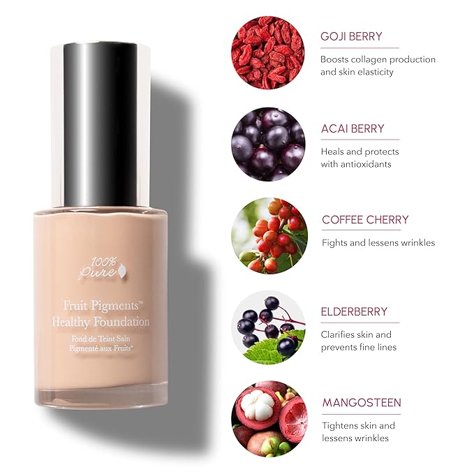100% PURE Healthy Foundation Full Face Coverage Makeup, Liquid Matte Finish with Anti-Aging Benefits - Vegan Gorgeous Fruit Pigmented White Peach Color (Light with Warm Undertone) - 1 Fl Oz-Velvo Beauty