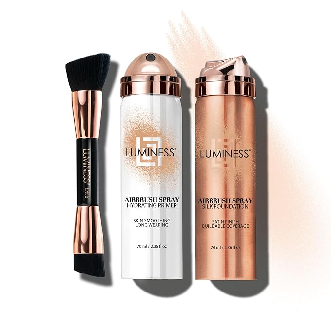 LUMINESS Airbrush Spray Silk Foundation Starter Kit - Fair Light - Foundation, Primer & Dual-Sided Angled Buffing Brush - Medium, Buildable Coverage, Anti-Aging Formula Hydrates & Moisturizes-Velvo Beauty