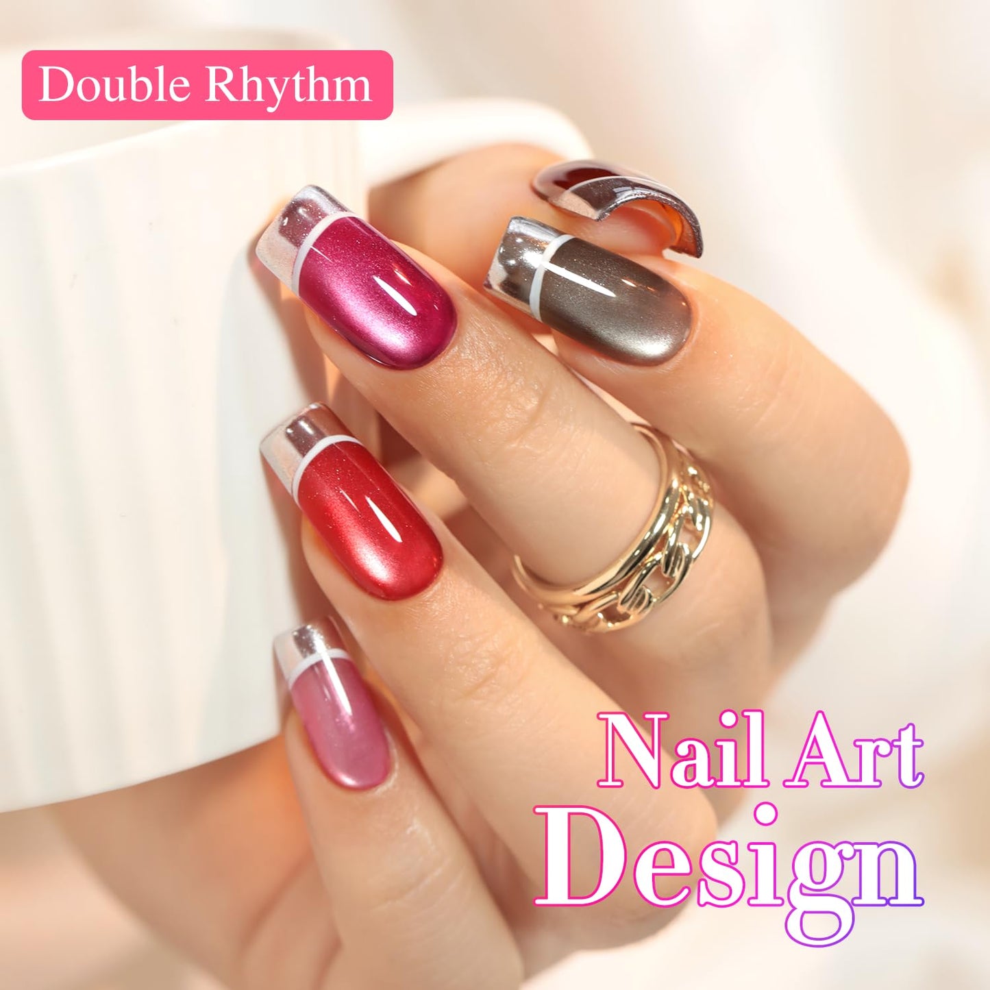 Double Rhythm 6 Colors Cat Eye Gel Polish Set Shimmer Glitter with Magnet Holographic Reflective Magnetic UV Nail Art Kit (6-Kit 40)-Velvo Beauty