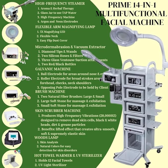 Prime 14 in 1 High Frequency Aromatherapy Steamer, Galvanic, Brush Massager, Vacuum Extractor, Diffuser and Hot Towel Warmer-Velvo Beauty