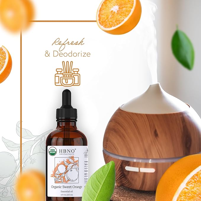 HBNO Organic Orange Essential Oil - Huge 4 oz (120ml) Value Size - USDA Certified Organic Orange Essential Oil, Cold Pressed for Aromatherapy, Soap Making, DIY, Diffuser-Velvo Beauty