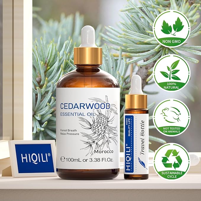 HIQILI Cedarwood Essential Oil (3.38 Fl Oz), 100% Natural Therapeutic Grade, Premium Glass Dropper, for Hair & Skin Care, Soap Making, Add to Diffusers, Sprays-Velvo Beauty