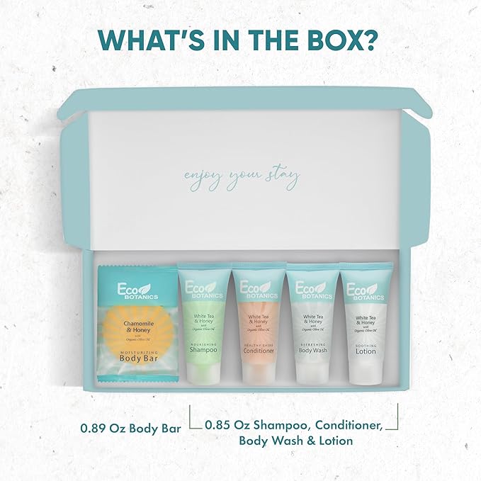 Eco Botanics Amenity Kit | Boxed Hotel Toiletries | Bulk Set 0.85 oz Travel Size Shampoo, Conditioner, Lotion, Body Wash & Body Bar Soap for Guest Hospitality AirBnB/Vacation Rentals | 1 set per case-Velvo Beauty