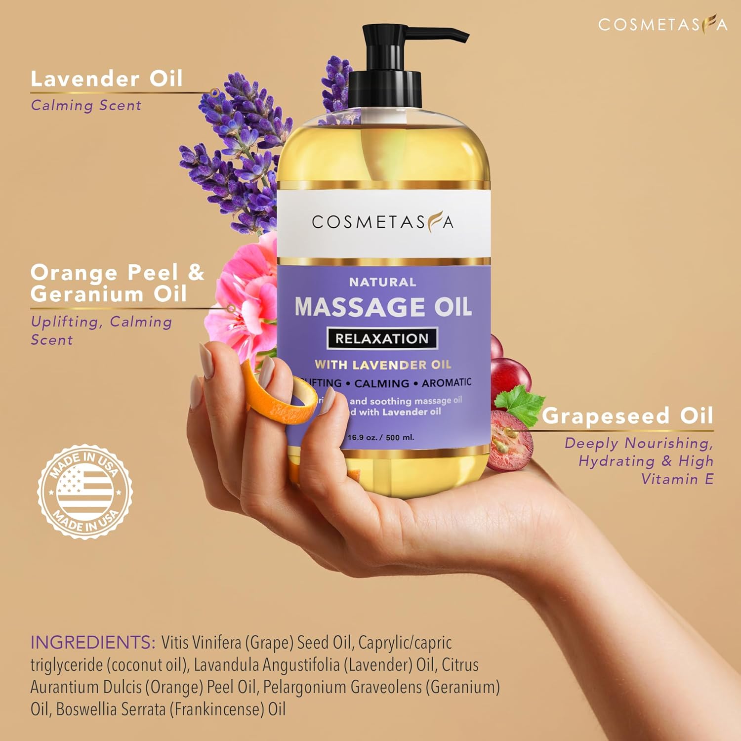 Cosmetasa Lavender Massage Oil for Massage Therapy - All Natural, Cruelty-Free & Spa Quality Skin Therapy Oil, Calming & Soothing Care - Lavender, Geranium & Grapeseed Oil (16.9 oz)-Velvo Beauty
