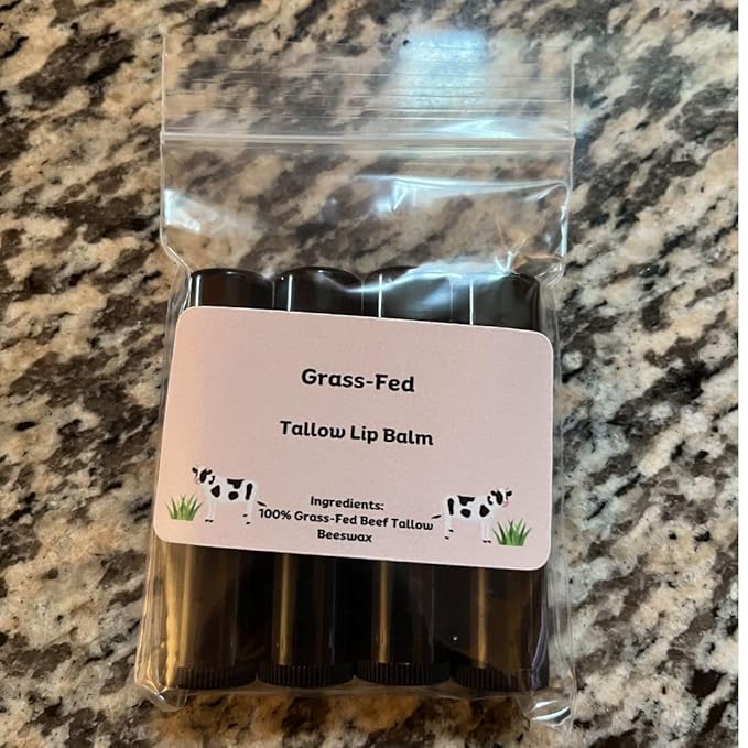 Beef Tallow Lip Balm 100% Grass Fed & Organic, Animal Based Skincare, Carnivore Beauty, Natural Hydrating (4 Pack), Black-Velvo Beauty