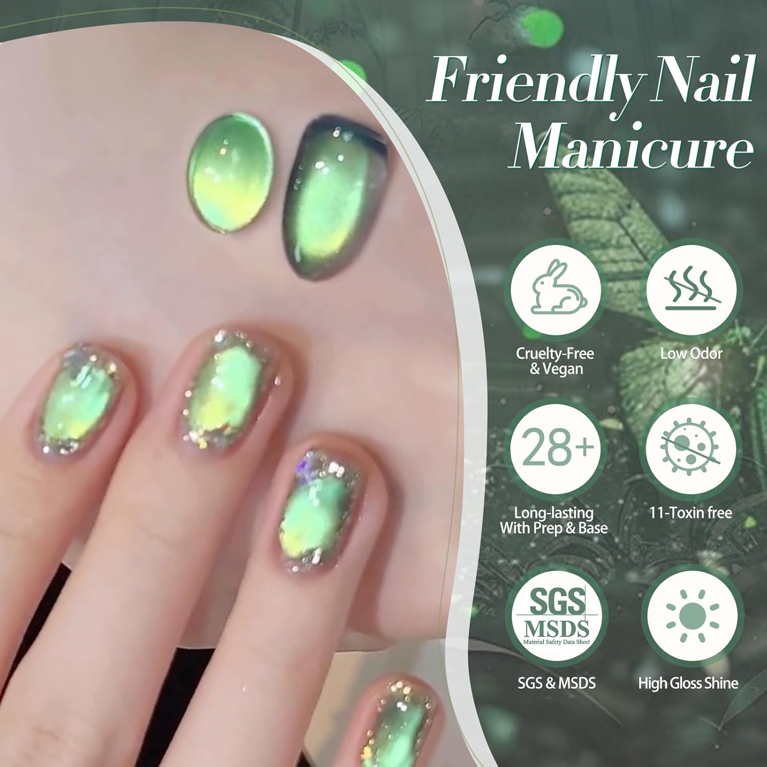 Born Pretty Cat Magnetic Gel Nail Polish, Green Gel Polish Crystal Cat Holographic Magnetic Nail Polish Nail Art Manicure Salon DIY at Home 15ML-Velvo Beauty