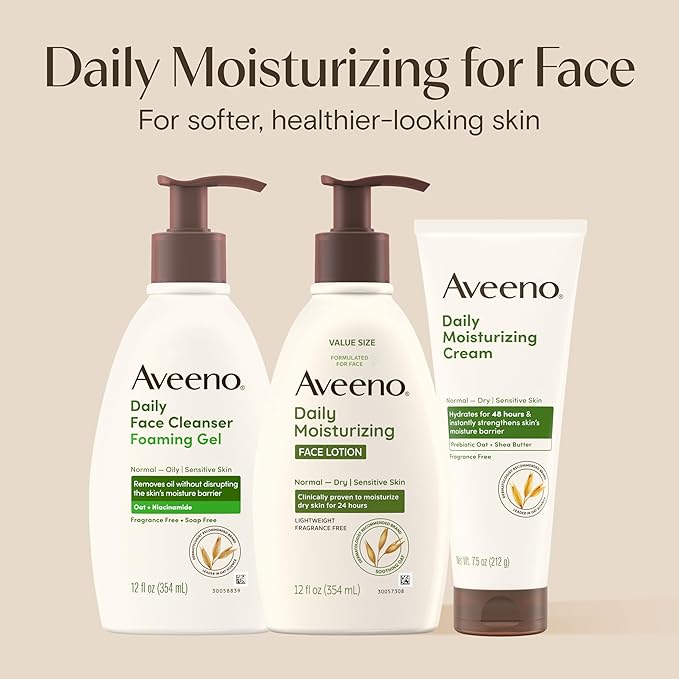 Aveeno Daily Moisturizing Face Lotion with Soothing Prebiotic Oat, Gentle Lotion Nourishes Normal to Dry Skin With Moisture, Sensitive Skin, Fragrance-Free, 12 fl. oz-Velvo Beauty