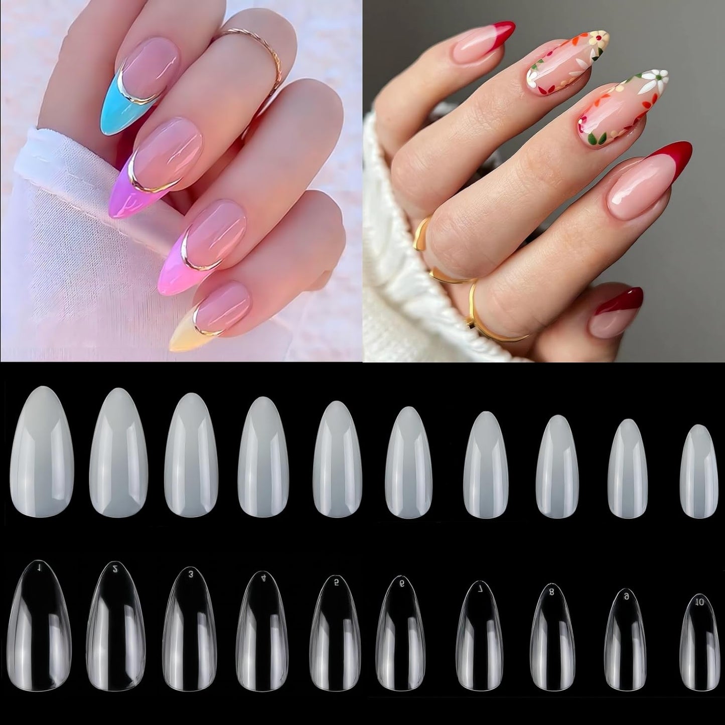 1000PCS Short Almond Nail Tips - Acrylic Nails Tips, ToouYoun 10 Sizes Soft Gel Full Cover Nail Tips with Box for Nail Art Salons and Home DIY-Velvo Beauty