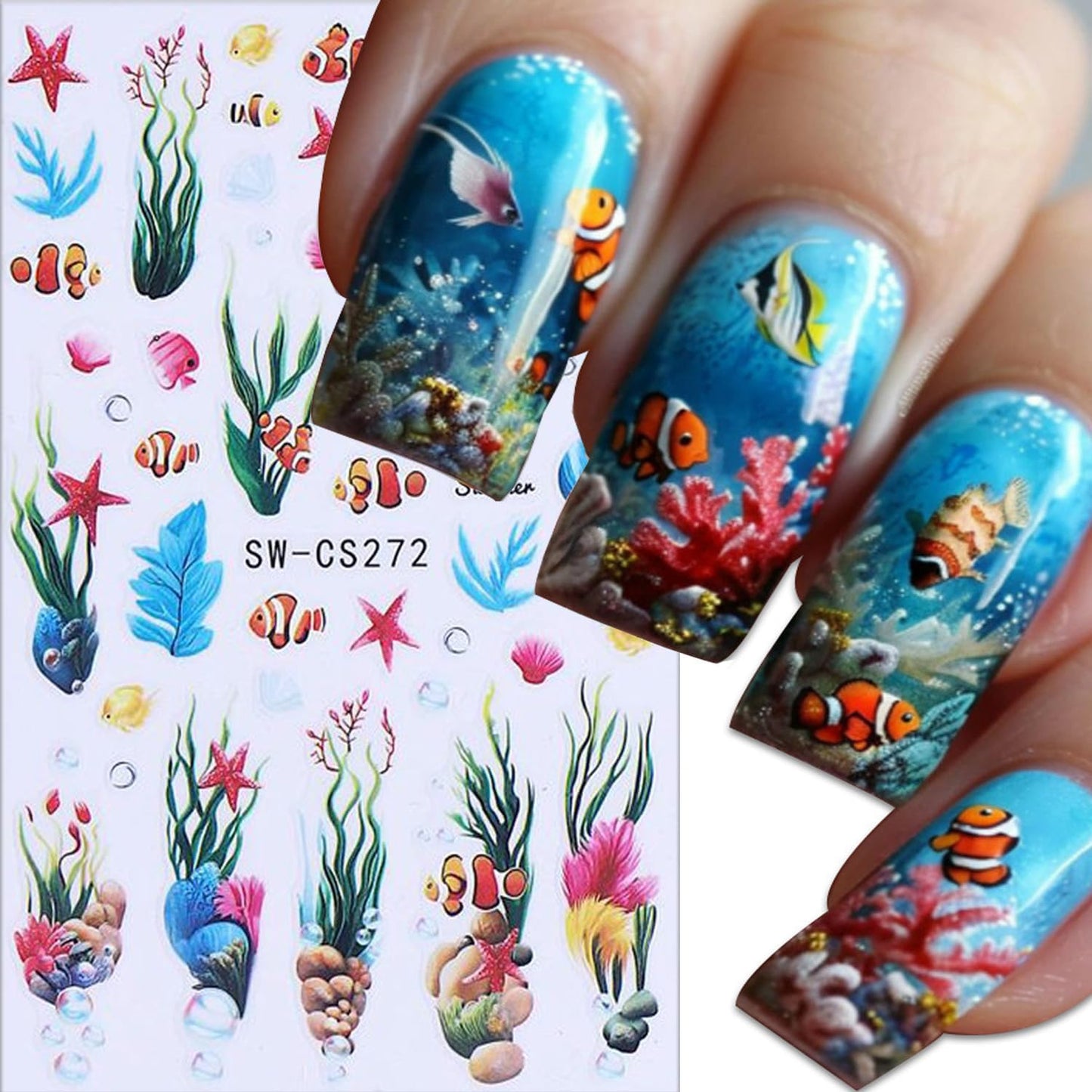 6 Sheets Ocean Plant Nail Art Stickers 3D Self -Adhesive Colorful Seaweed Shell Nail Decals Holographic Cute Fish Starfish Bubbles Nail Stickers Summer Nail Decoration for Women Manicure Supplies-Velvo Beauty