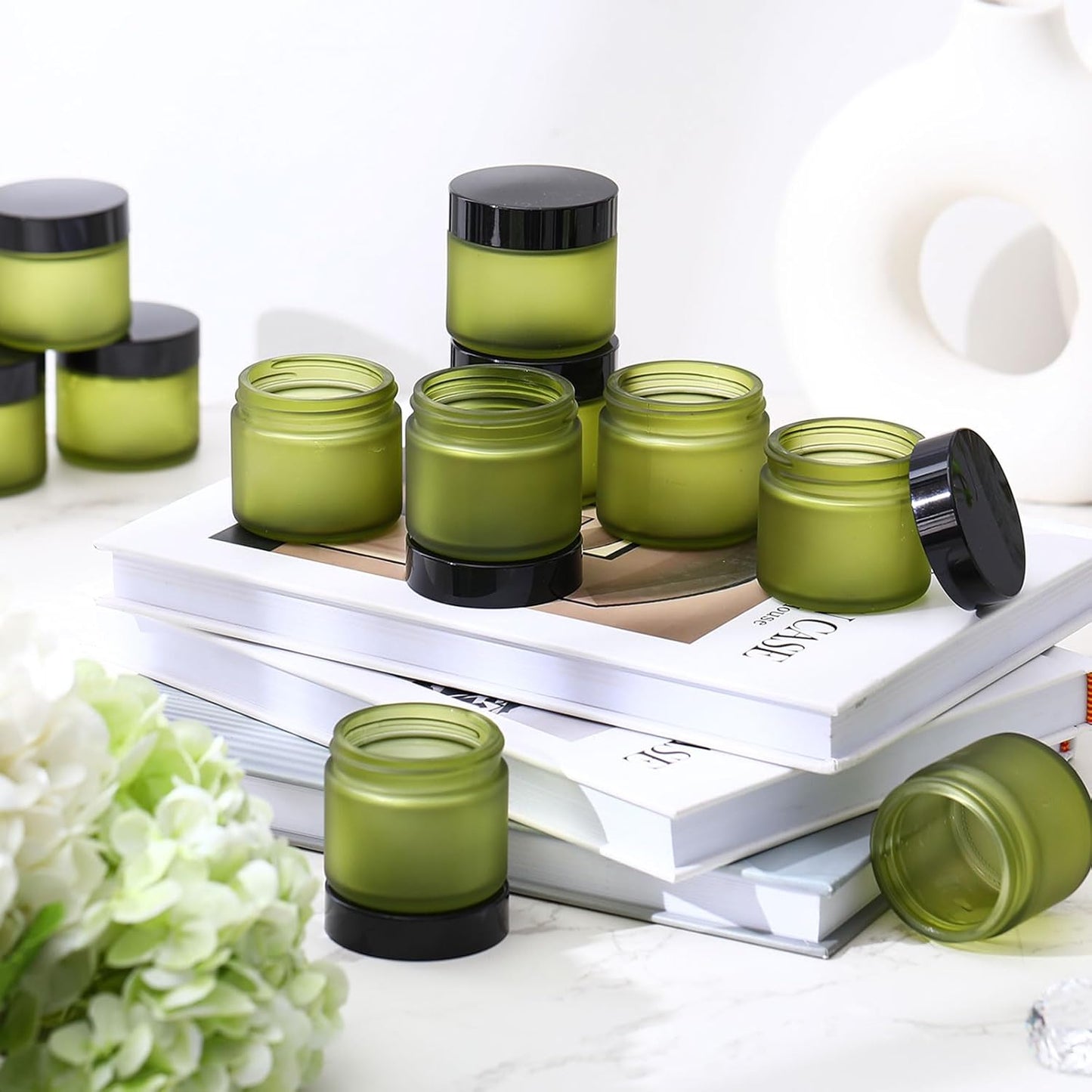 Domensi 32 Pcs 2 oz Glass Jars with Lids Travel Size Round Leakproof Empty Cosmetic Jars with Inner Liners Lid for Storing Makeup Lotions Face Cream Ointments Candle DIY Making (Pea Green)-Velvo Beauty