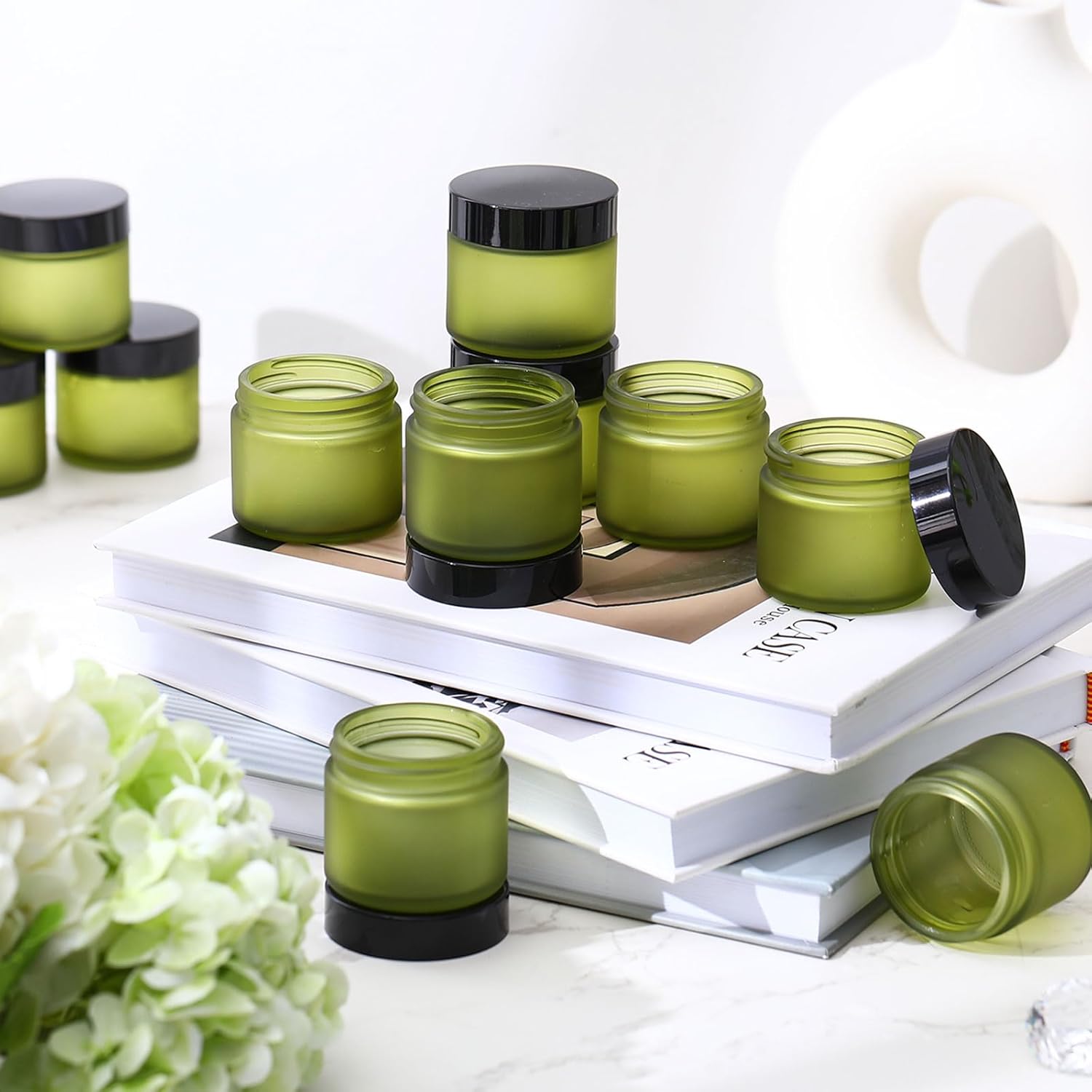 Domensi 32 Pcs 2 oz Glass Jars with Lids Travel Size Round Leakproof Empty Cosmetic Jars with Inner Liners Lid for Storing Makeup Lotions Face Cream Ointments Candle DIY Making (Pea Green)-Velvo Beauty