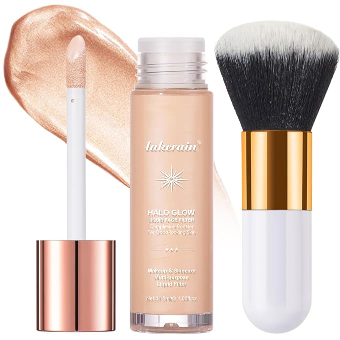 Natural Glow Liquid Filter Makeup, Longwear Face Luminizer, Complexion Booster For Any Part of the Body, Liquid Highlighter with Brush Kit, Infused Hyaluronic Acid, 1.06 fl oz (#03 LIGHT/MEDIUM)-Velvo Beauty