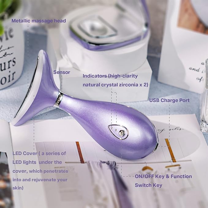 Lily Neck Face Massager, Face Sculpting Tool, Skin Rejuvenation Device with Thermal, Triple Action LED and Vibration, for Anti-Aging, Lifting and Tightening Sagging Skin (Violet)-Velvo Beauty