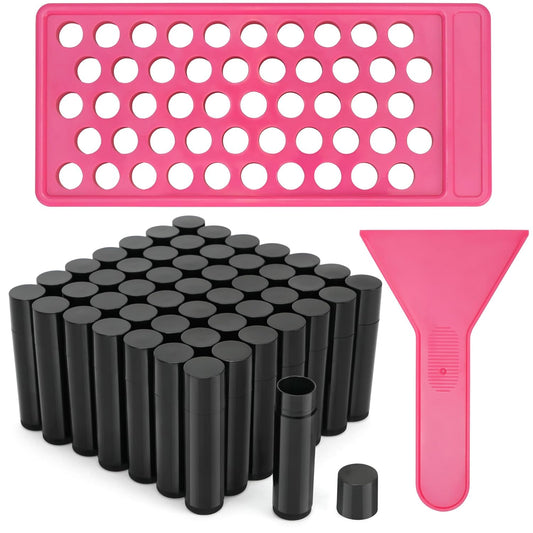 LotFancy Lip Balm Tubes with Filling Tray and Spatula, 50Pcs 4.5ml Black Lip Balm Containers, BPA Free & Leak Free, Handmade Set-Velvo Beauty