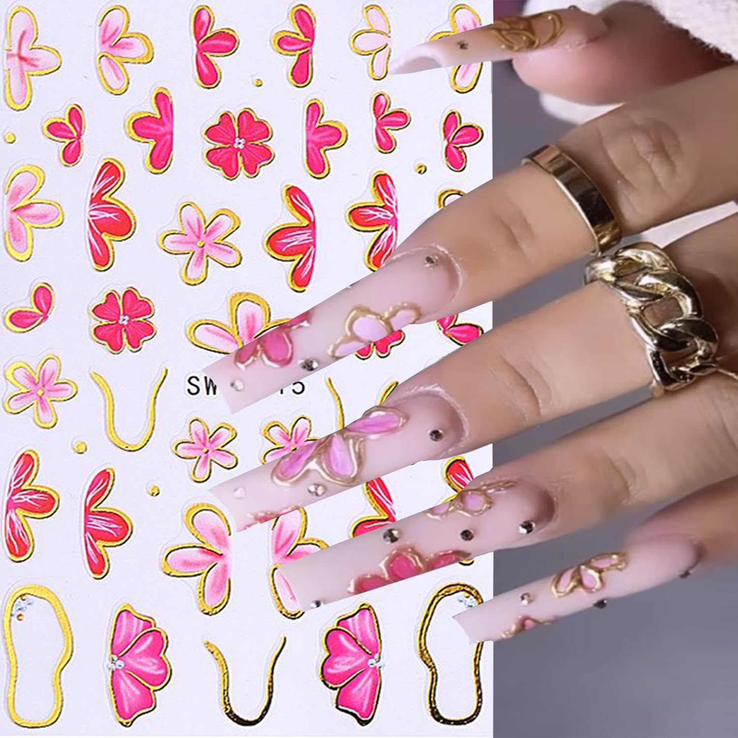 6 Sheets Flower Nail Art Stickers 3D Self-Adhesive Hot Stamping Blossom Nails Sticker Spring Nail Art Decals Holographic Floral Nails Decal Decoration for Women Flowers Manicure DIY Nail Supplies-Velvo Beauty