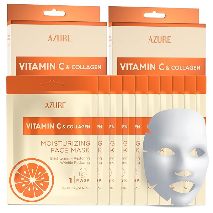 AZURE Vitamin C & Collagen Moisturizing Facial Sheet Mask- Anti Aging, Deeply Moisturizing & Firming - Improves Elasticity - Skin Care Made in Korea - 10 Pack-Velvo Beauty