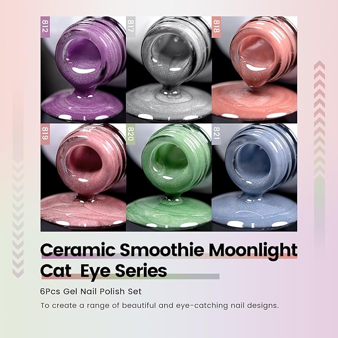 RARJSM Moonlight Cat Eye Gel Nail Polish Set 6 Pcs Smoothie Ceramic Glitter Shimmer Grape Purple Silver White Blue Green Pink Velvet Mirror Cateye Gel Polish with Magnetic Stick UV LED Curing Require-Velvo Beauty