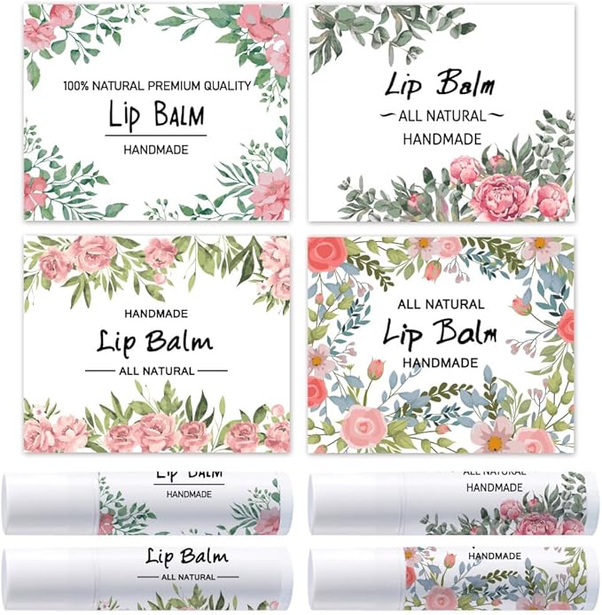 OLYCRAFT 100Pcs 4 Style Lip Balm Label Sticker Flower Pattern Labels Stickers Adhesive Lip Balm Label Sticker Plastic Lipstick Tag Stickers for Lip Balm Container Tubes 1.7x2.1 inch-Velvo Beauty