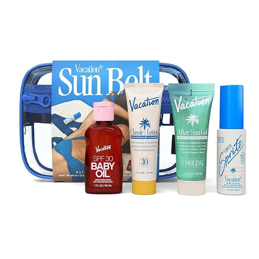 VACATION Sun Belt Sampler Kit, SPF 30-50 Sunscreen Pack, Includes Classic Lotion, Super Spritz Face Mist, Baby Oil, After Sun Gel, Festival Friendly Fanny Pack-Velvo Beauty