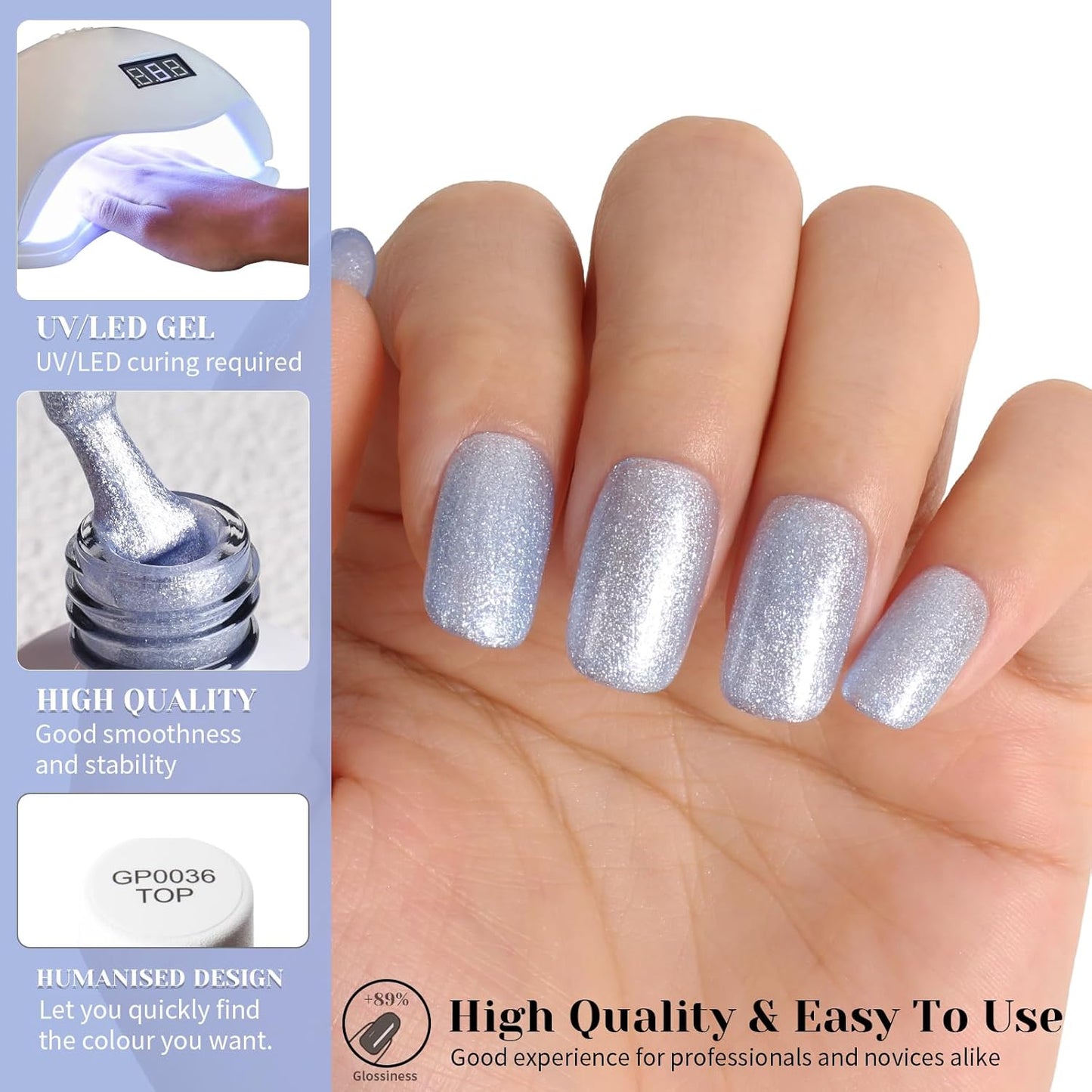 Grey Blue Metallic Glitter Gel Polish, 15ml UV/LED Soak Off Gel Nail Polish for Manicure Salon or DIY Nail Art at Home,Women Girls Gifts - GP0096-Velvo Beauty
