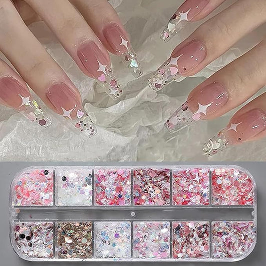 12 Grids Star Nail Art Glitter Sequins Heart Shaped Mermaid Nail Sequins Holographic Mermaid Nail Flakes Sticker Sequin Heart Nail Art Glitter for Women DIY Acrylic Nail Decoration-Velvo Beauty