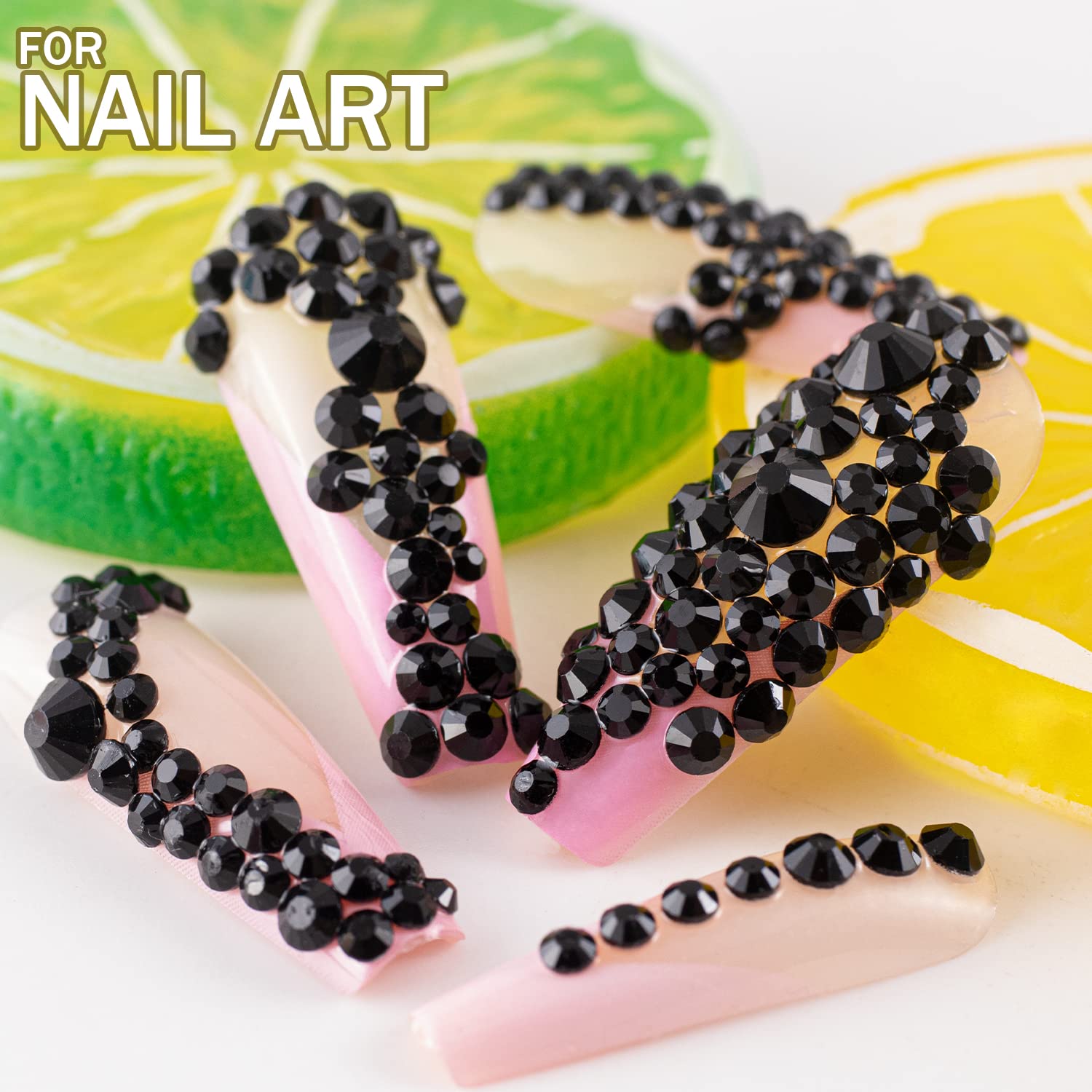 One Pack 2000 Pcs of Flatback Round Black Rhinestones 6 Sizes (1.5-6 mm) with Nail Art Rhinestone Picker Pencil and Tweezers for DIY and Salon Use-Velvo Beauty